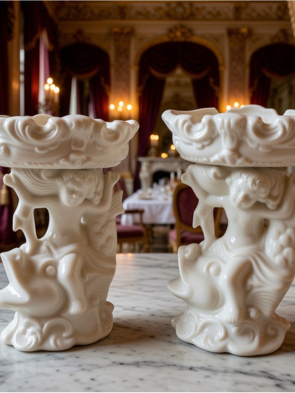 Pair of 1980 White Ceramic Cherub Soap dishes Potpourri Vases Handmade & Painted